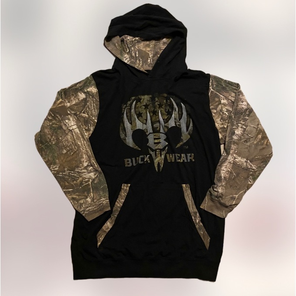 Buck wear thin camo woods hunting hoodie shirt mens large